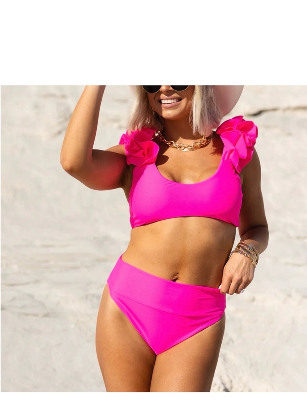 Buddy Love Hot Pink Ruffle Strap Bikini Set